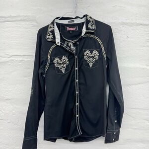 Roar Embroidered Mens LG Button Shirt Black Goth Grunge Y2K‎ Western Rockabilly
